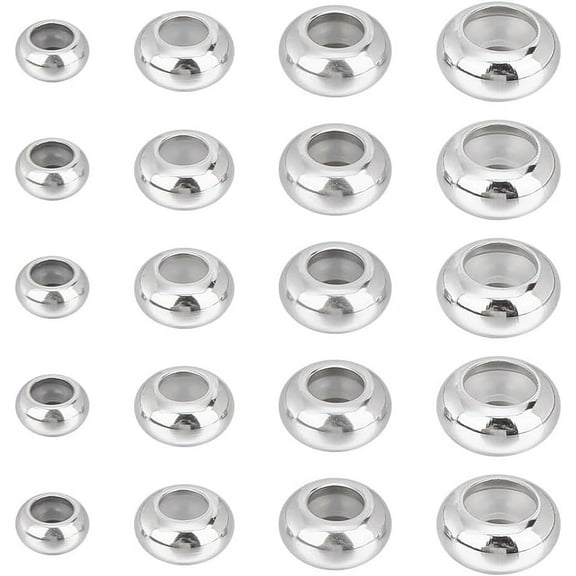 24 Pcs Stainless Steel Ring Beads 4 Sizes Stopper Beads Slider Beads with Rubber Inside Round Spacer Beads