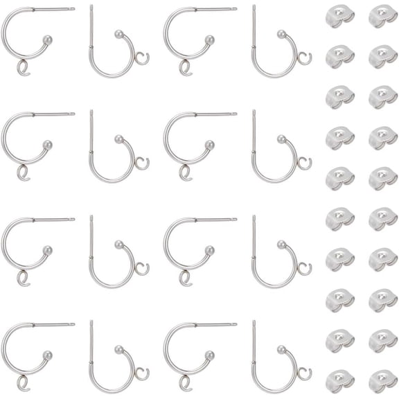24 Pcs Stainless Steel Ring Stud Earrings Findings Half Hoop Ear Studs with Loops and Ear Nuts Pin 0.7mm for DIY Earring Jewelry Making DIY