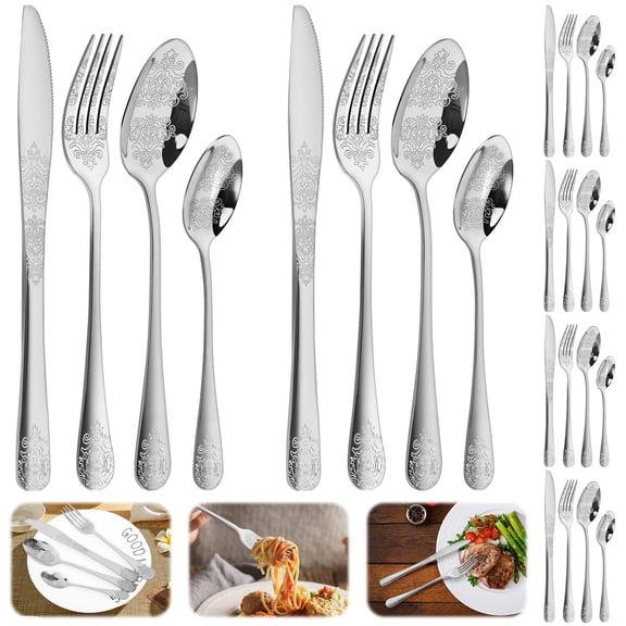 24 Pcs Stainless Steel Silverware Set, Elegant Floral Engraved Cutlery Flatware Set with Mirror Polish Dishwasher Safe Service for 6(Silver)