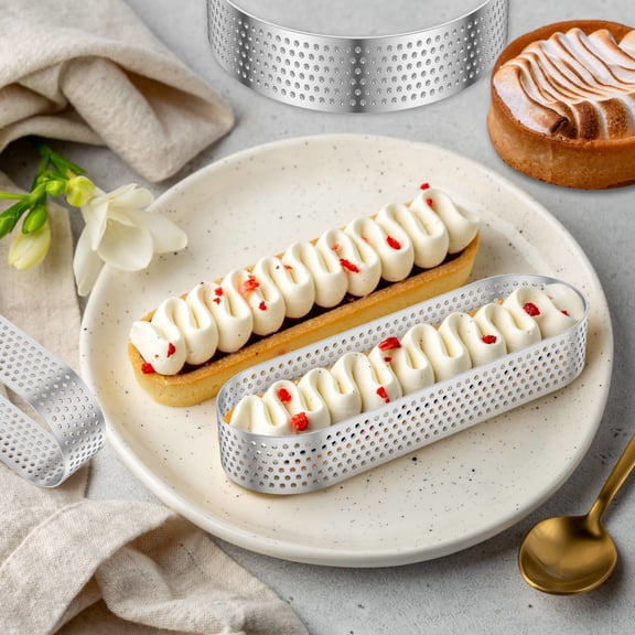 24 Pcs Stainless Steel Tart Rings 4 inch 5 inch Circle and Oval Perforated Tart Rings Easy Release Mousse Dessert Molds for Baking Cake