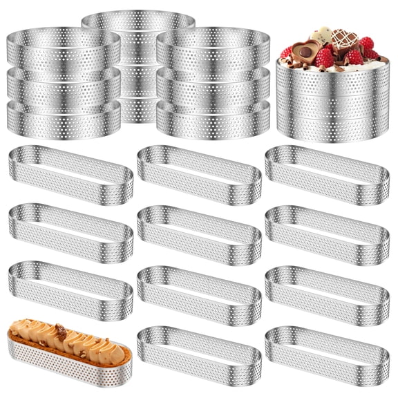 24 Pcs Stainless Steel Tart Rings 4 inch 5 inch Circle and Oval Perforated Tart Rings Easy Release Mousse Dessert Molds for Baking Cake