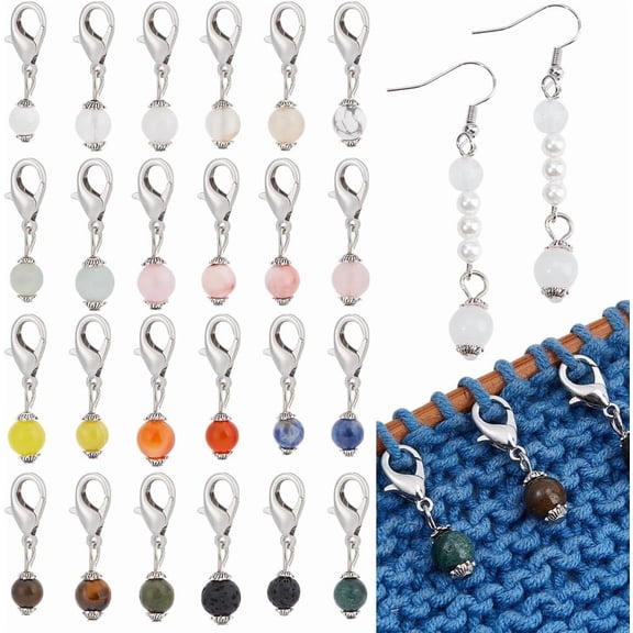 24 Pcs Stone Bead Stitch Markers 12 Styles Natural Mixed Gemstone Round Beads Stitch Markers Stitch Needle Clip Crochet Markers for DIY Knitting Weaving Sewing Accessories Jewelry Making