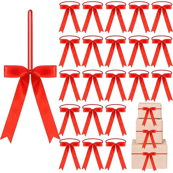 24 Pcs Stretch Elastic Loops with Pre Tied Red Ribbon Bows for Gift Wrapping Boxes