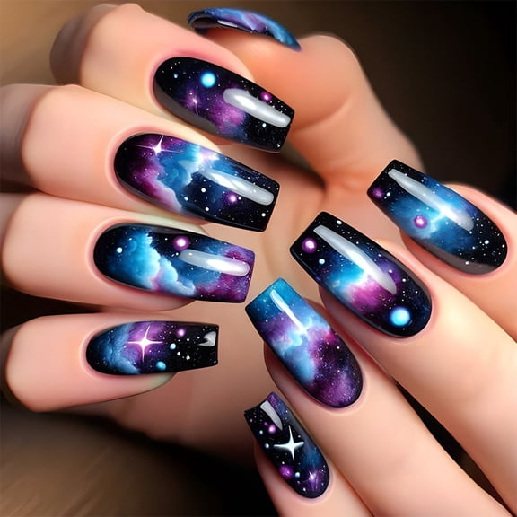 24 Pcs Stylish Artificial Nails Star Clouds Full Covers False Nails Glossy on Nails Square