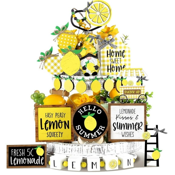 24 Pcs Summer Lemon Tiered Tray Decor Set Farmhouse Wood Summer Table Decorations Rustic Lemon Wooden Table Signs Summer Tiered Tray Decor for Home Kitchen Shelf Tabletop Graduation Gifts