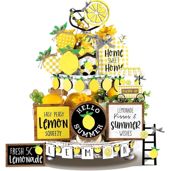 24 Pcs Summer Lemon Tiered Tray Decor Set, Farmhouse Wood Summer Table Decorations, Rustic Wooden Table Signs Tiered Tray Decor for Home Kitchen Shelf Tabletop
