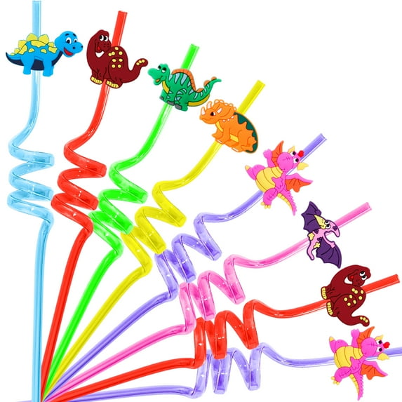 24 Pcs Swirly Straws Reusable Drinking Dinosaur Straws for Party Favors Decoration Supplies Mixed Color