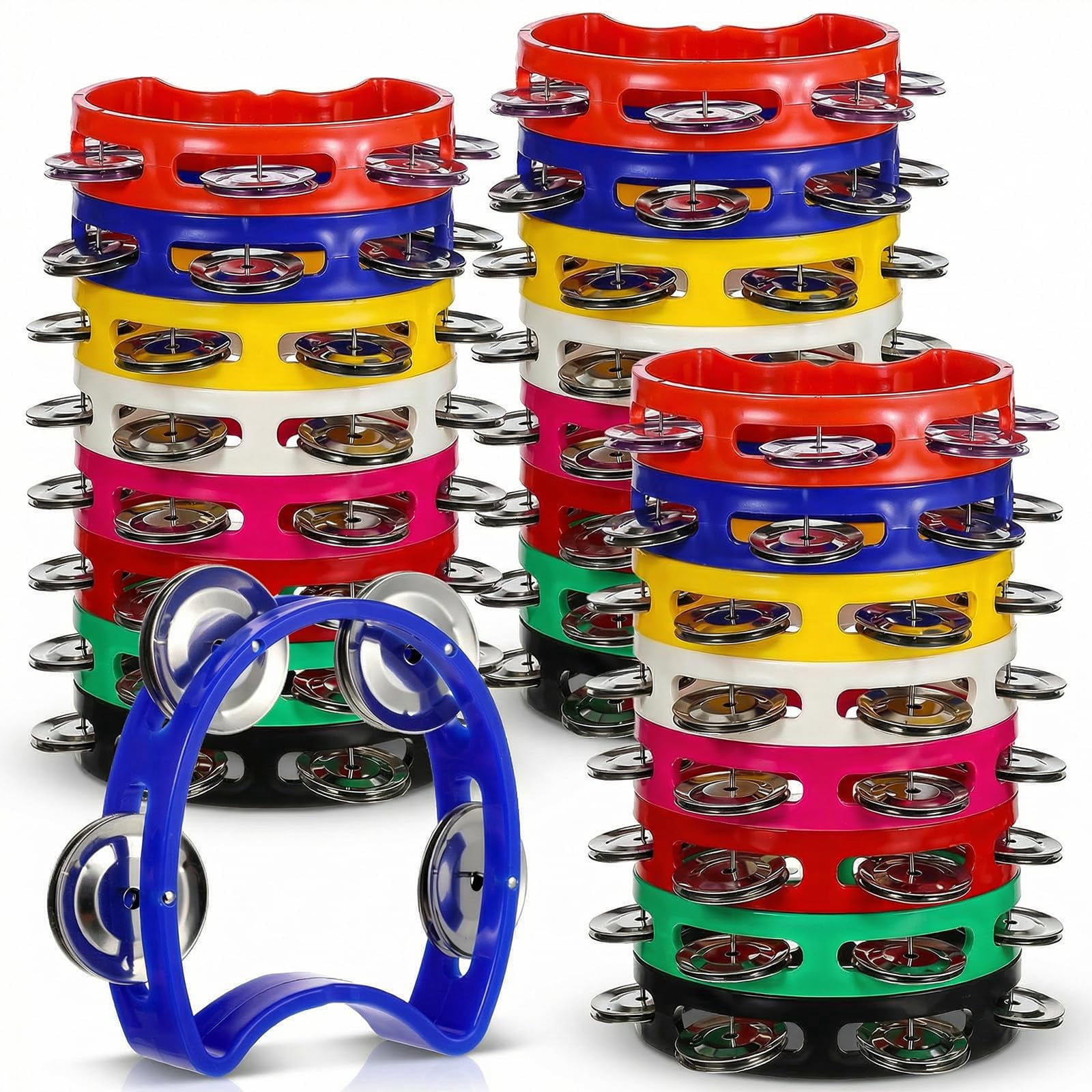 24 Pcs Tamborines Musical Instrument Noise Makers  Plastic Percussion Tambourine With 4 Bells Handheld Drum 8 Colors Tambourines