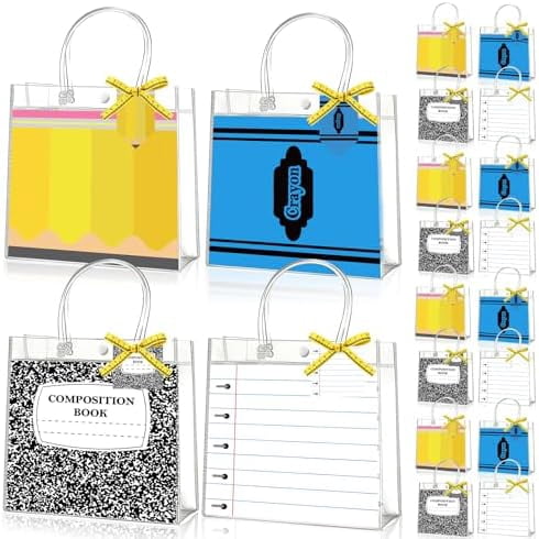 24 Pcs Teacher Appreciation Gift Bags, Teacher Gift Bags Bulk Double-Sided Clear PVC 4 Styles Gifts Bag with Handle Measuring Tape Ribbon Cards for Teachers Graduation End of Year Back to School Gif
