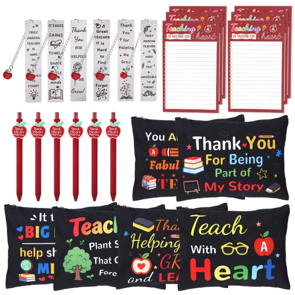 24 Pcs Teacher Appreciation Gift Set Bulk with Canvas Cosmetic Bags Sticky Note Pens Metal Bookmarks and Notepads, Thoughtful Thank You Gift Pack for End of Season Celebration and Appreciation Event
