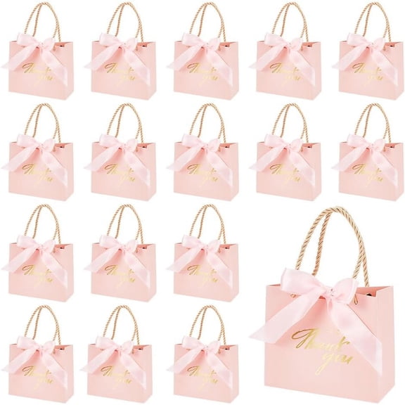 24 Pcs Thank You Gift Bags Pink Paper Gift Bags Hot Stamping Party Favor Bags with Ribbon for Business Shopping Wedding Birthday Party Supplies 5.5x4.7x2.4 Inch