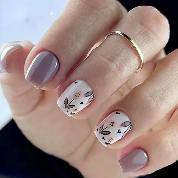 24 Pcs Thanksgiving Press on Nails Short Square Fall Fake Nails Haze Purple Full Cover Stick on Nails with Flower Leaf Pattern Designs Glossy False Nails for Women Girls Style 12 0.04 Fl Oz (Pack