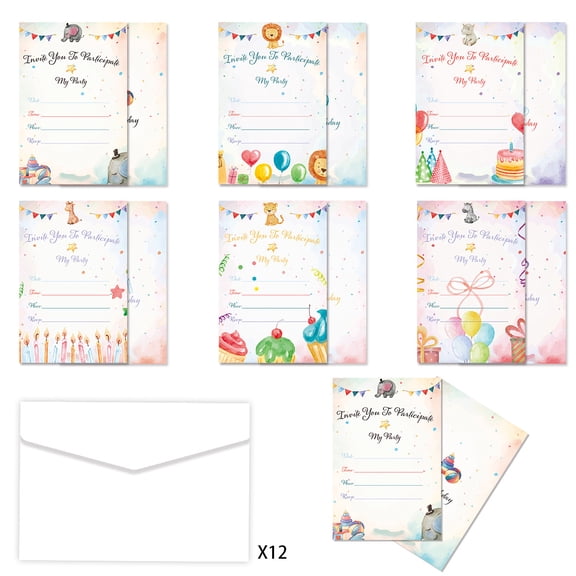 24 Pcs Theme Party Happy Birthday Invitation Card Handwritten Blessing Invitation Card Cartoon Animal Theme Invitation Card
