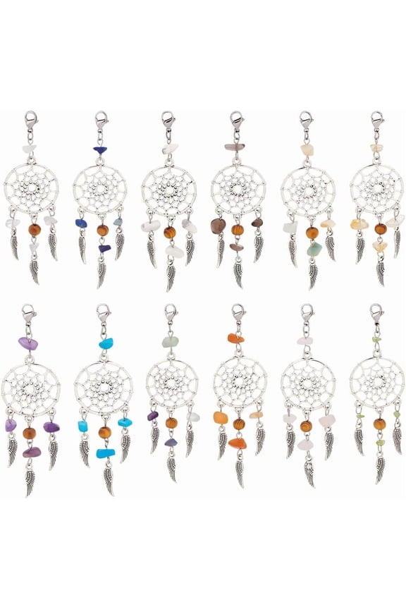 24 Pcs Tibetan Style Dreamcatcher Charms Natural Gemstone Chips Embellished Alloy Keychain Pendants Woven Net with Feather Pendant Charms for DIY Jewelry Crafts Hanging Decors