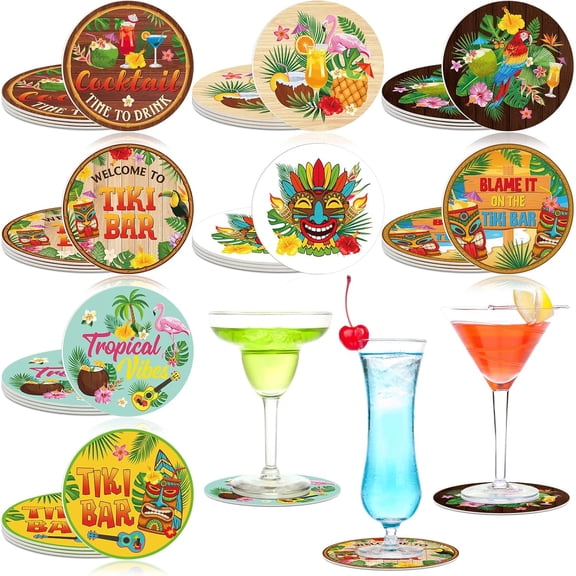 24 Pcs Tiki Bar Coasters for Drinks Outdoor Bar Coasters Accessories Tiki Absorbent Drink Decor for Table Desk Coffee Cups Home Decorations