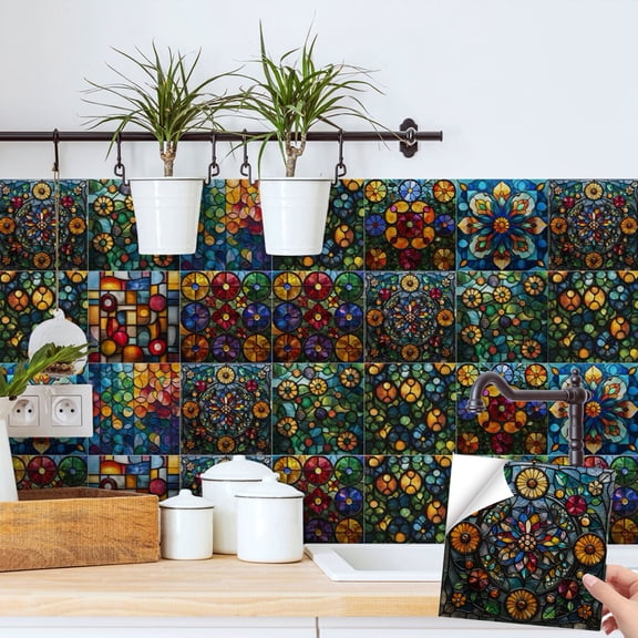 24 Pcs Tile Wall Sticker Kitchen Backsplash 5.9"x5.9" Removable Waterproof PVC Multicolor Flowers DIY Decals Peel and Stick Tiles