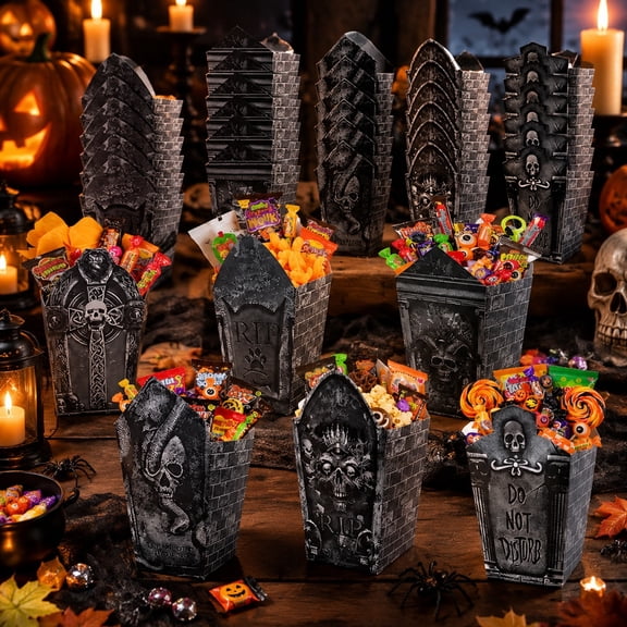 24 Pcs Tombstone Treat Boxes, Spooky Black Paper Candy and Cookie Gift Boxes for Party Hosts, Festive Snack Packaging for Halloween Parties, Horror Movie Nights and Seasonal Gatherings