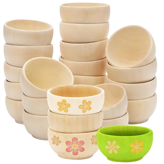 24 Pcs Unfinished Wooden Bowls, 2.4x1.2 in, Mini DIY Crafts Bowl Set, Natural Wood Pinch Bowls for Young Crafters' Painting, Pretend Play, Home Decor, and Party Favors