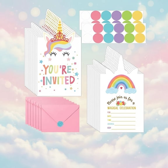 24 Pcs Unicorn Birthday Invitation Girl Party Card, Pink Envelope Sticker Labels Kit Supplies for Baby Shower
