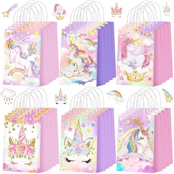 24 Pcs Unicorn Party Favor Bags for Birthday Party Supplies Cute Unicorn Gift Goodie Paper Bags with Handles Rainbow Goody Treat Candy Pouch for Girls Birthday Baby Shower Decorations