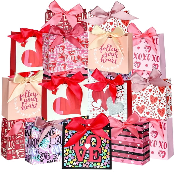 24-Pack Small Valentines Day Gift Bags with 12 Assorted Designs & Ribbons, Perfect for Candy, Chocolates, Favors, Party Decor, and Sweet Gestures