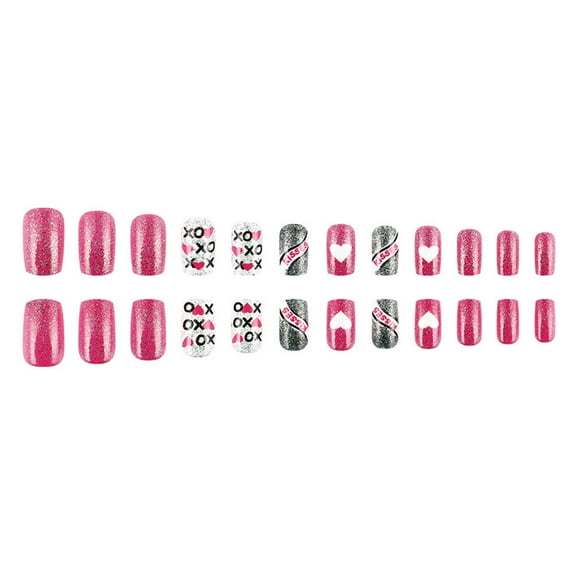 24 Pcs Valentines Day False Nails Lovely Heart on Nails Short Glittering Heart Artificial Nails