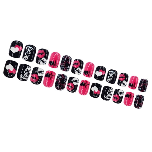 24 Pcs Valentines Day False Nails Short Square Heart Acrylic Nails Lip Print Full Covers on Nails