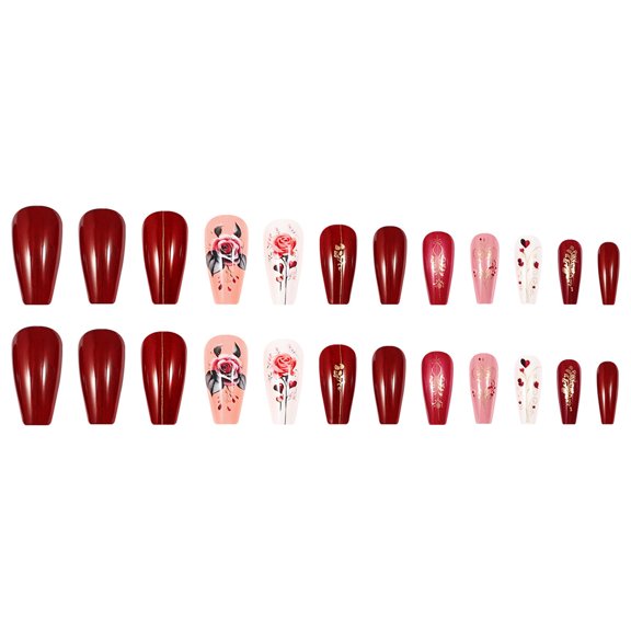 24 Pcs Valentines Day Stick On Nail Flowers Artificial Nail Medium Length Press On Nail Glossy Acrylic False Nail