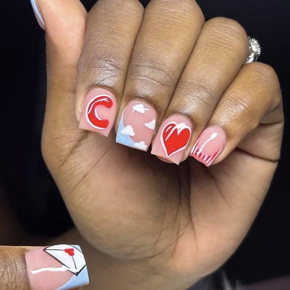 24 Pcs Valentines Press on Nails French Short Square Fake Nails with Cute Love Letter Cloud Pattern Designs Nude Full Cover False Nails Valentines Nails Stick on Nails for Women and Girls Style