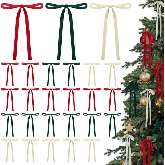 24 Pcs Velvet Bows Christmas Tree Ornaments Vintage Double Faced Velvet Ribbon Bows for Tree Garland Wreath Indoor Outdoor Xmas(5 x 7 Inch, Width of 3/8",Red,Green,White)