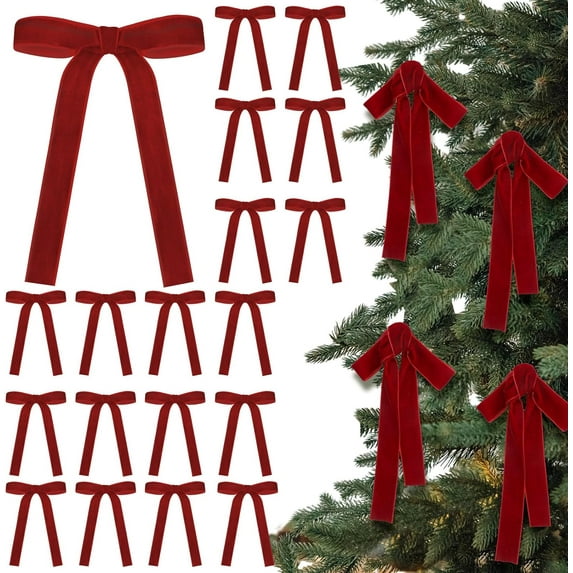 24 Pcs Velvet Bows Christmas Tree Ornaments Vintage Velvet Ribbon Bows for Tree Garland Wreath Indoor Xmas Decorations(5 x 7 Inch,Width of 1",Dark Red)
