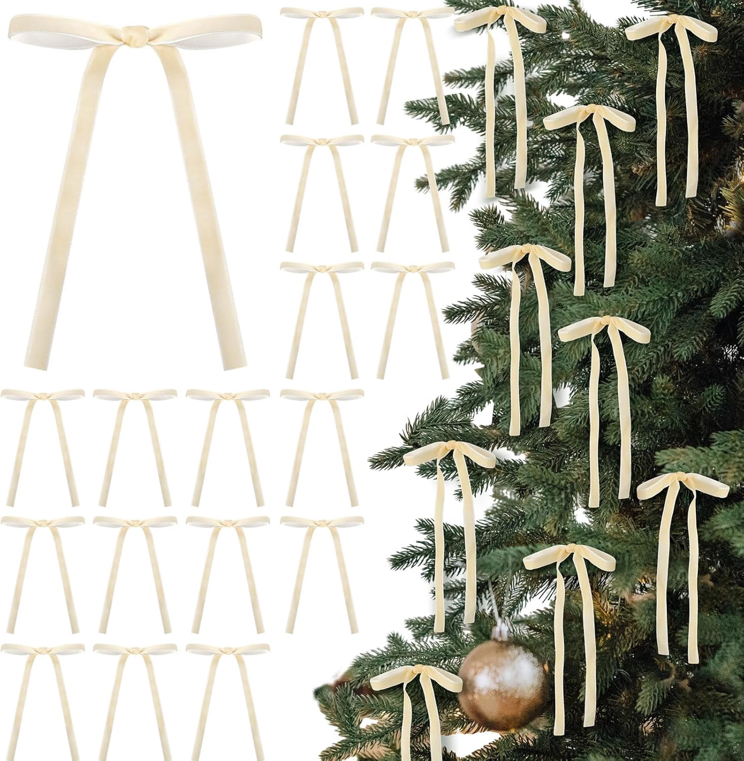 24 Pcs Velvet Bows Christmas Tree Ornaments Vintage Velvet Ribbon Bows for Tree Garland Wreath Indoor Xmas Decorations(5 x 7 Inch, Width of 3/8")