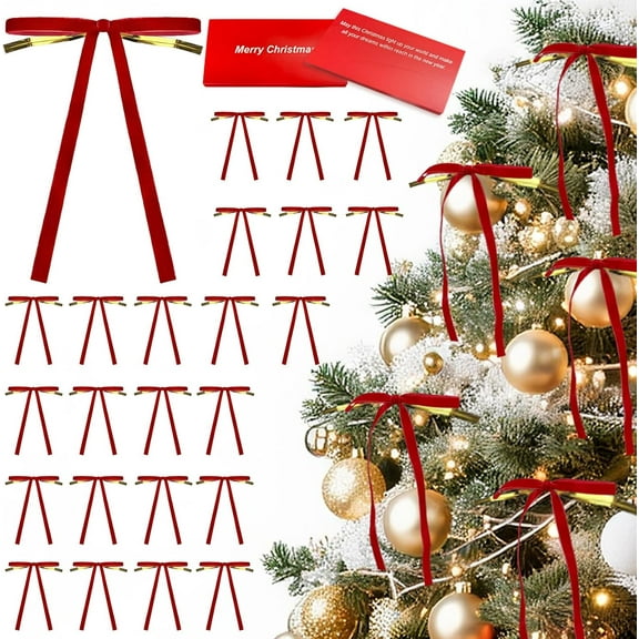 24 Pcs Velvet Bows for Christmas Tree Ribbon Bows for Home Tree Garland Wreath Indoor Rustic Crafts Gift Xmas Decorations Holiday Wedding Outdoor (Red)