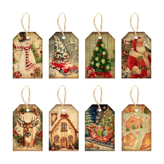 24 Pcs Vintage Christmas Gift Tags with String, Rustic Old Fashioned Holiday Name Labels for Presents, Pre-Strung Xmas Stocking Tags, Assorted Retro Designs for Wrapping Paper & Gift Bags
