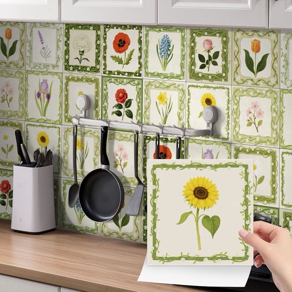 24 Pcs Waterproof Peel and Stick Tiles Stickers Wall Decals 7.87" x 7.87" DIY Decor Flowers Pattern Green Sticker Self Adhesive Kitchen Backsplash