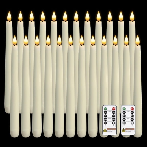 24 Pcs Waxy Flameless Taper Candles with Remote, Led Flameless Candlesticks Classic Tall Candle, Flickering Battery Operated Taper Candles for Bedroom, Dining Room, Ivory, 9.6 inches