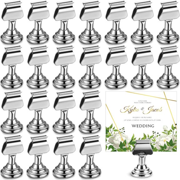 24 Pcs Wedding Table Number Holders 1.7 Inch Metal Silver Mini Place Card Holders Bulk Harp-clip Table Sign Stands Card Holder Display Picture Memo Notes Menu for Restaurants Birthday Decor