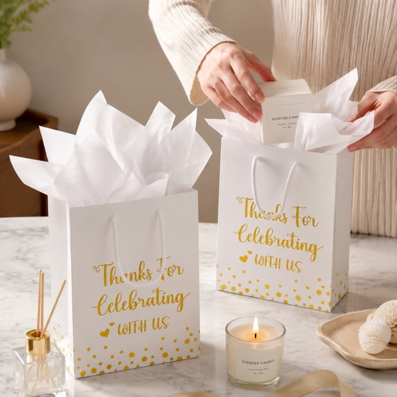 24 Pcs Wedding Welcome Gift Bags, Elegant White Paper Favor Bags with Sturdy Handles and Gold Foil Design for Wedding Guests, Bridal Shower, Reception, Welcome Gifts and Party Favors