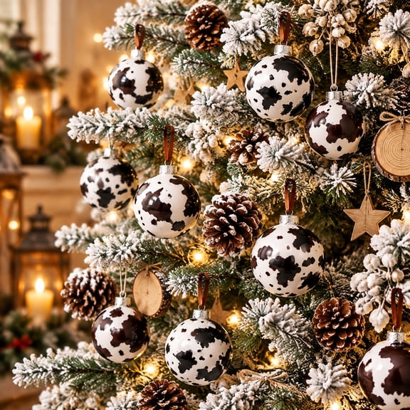 24 Pcs Western Christmas Ornaments, Cow Print Ball Decorations with Hangers, Rustic Cowboy Style Tree Decor for Christmas Parties, Country Celebrations and Holiday Gatherings
