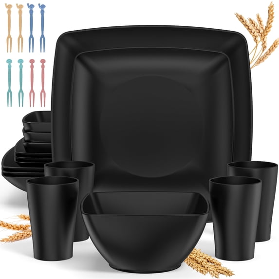GPED 24 Pcs Wheat Straw Square Dinnerware Sets For 4, Unbreakable Dish Sets, Reusable Plates and Bowls Sets, Dinner Plates, Travel Camping Cutlery Set, Dishwasher Microwave Safe, Black