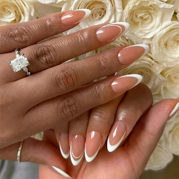 24 Pcs White French Tip Press On Nails Almond False Nails Simple Acrylic Nails Glossy Full Covers Stick On Nails