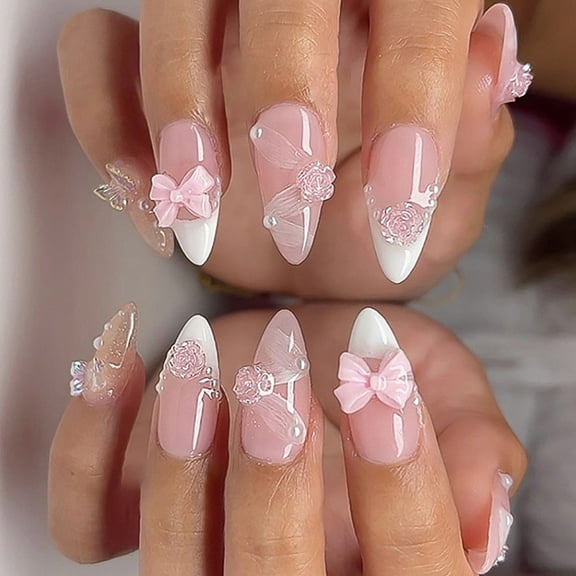 24 Pcs White French Tip Press On Nails Almond Shape Acrylic Nails Flowers Full Covers on Nails Bows False Nails