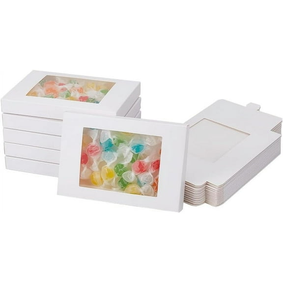 24 Pcs White Gift Box with PVC Window Fold Paper Boxes Rectangle Kraft Paper Treat Boxes for Party Favor Treats Bakery and Jewelry Packaging 3.35×4.9×0.55"(8.5×12.45×1.4cm) Finished for DIY