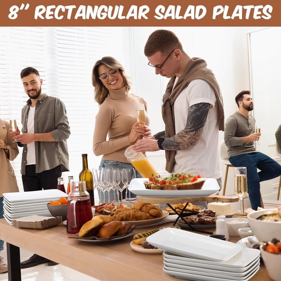 24 Pcs White Porcelain Salad Plates 8 Inch Rectangular for Dinner Parties, Microwave & Oven Safe