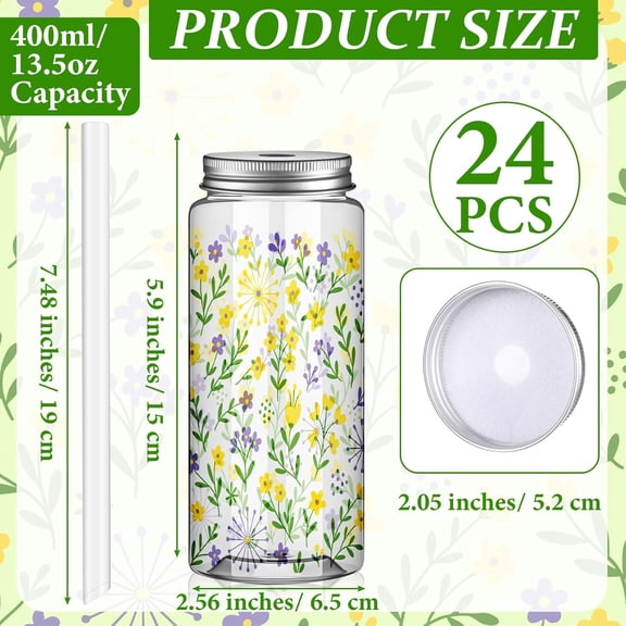 24 Pcs Wildflowers Plastic Cups with Lids and Straws, 13.5 oz Spring Floral Blossom Reusable Plastic Tumbler, Clear Flower Themed Drinking Cups for Spring Party, Easter, Garden Gathering