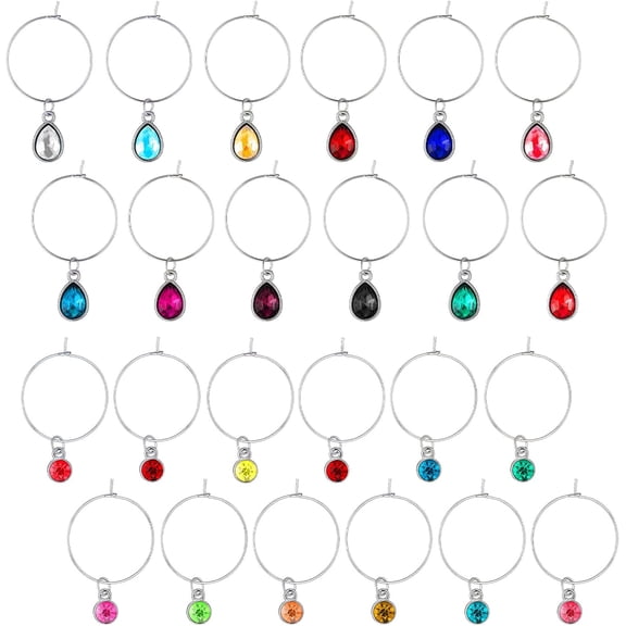 24 Pcs Wine Charms for Stem Glasses 24 Styles Wine Glass Markers Wines Charms for Stem Glasses Drink Markers Tags Drop & Flat Round Rhinestone for Valentines Wedding Birthday Beach Party