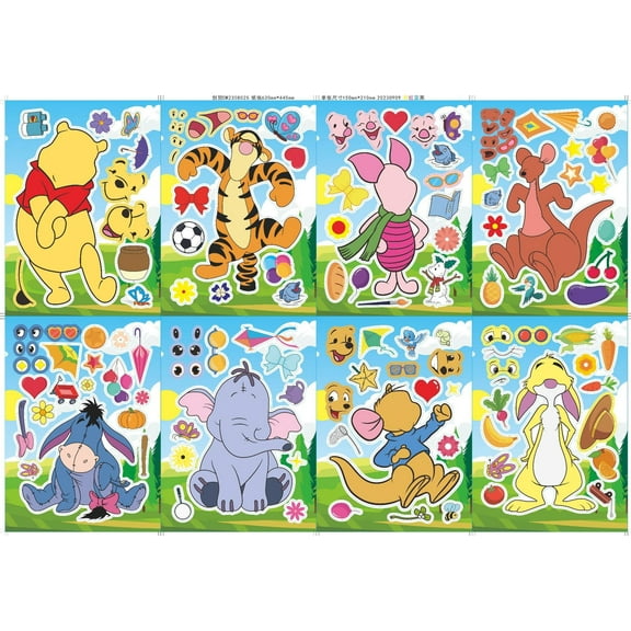 24 Pcs Winnie Pooh Make-a-face Stickers Pack, Mixed & Matched with 8 Designed Characters(3 of Each) Stickers, Make Your Own Stickers for Teens Party Decoration, Reward, Decor, Gift Idea