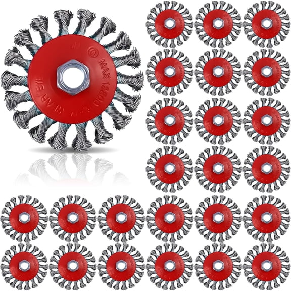 24 Pcs Wire Wheel Brush Wire Wheels with 5/8"-11 Threaded Arbor for 4 1/2 Angle Grinder Knotted Wire Cup Brush for Heavy Cleaning Rust Removal(Red,4 Inch)