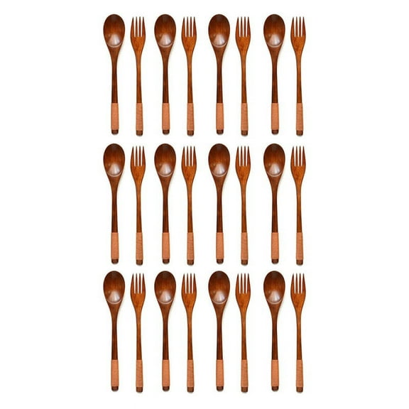 24 Pcs Wooden 9 InchJapanese Spoon Fork Set Kitchen Tableware Natural Wood Cutlery Wooden Dinner Cutlery Set