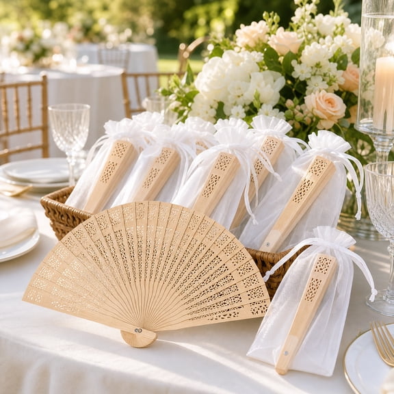 24 Pcs Wooden Folding Hand Fans, Elegant Natural Wood Fans for Women Wedding Favors, Vintage Decorative Hand Fans for Summer Party Bridal Shower Home Decor